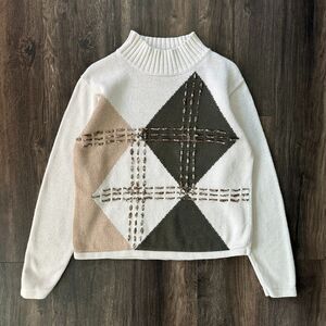 Vtg Knit Mockneck Sweater Argyle Diamond Pattern Long Sleeve Pullover Sz Medium